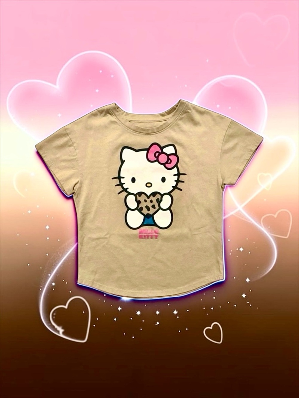Hello Kitty Sanrio Beige Leopard Heart Tee Girls 6